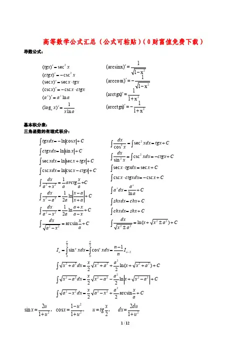 高等数学公式汇总（公式可粘贴）（0财富值免费下载）