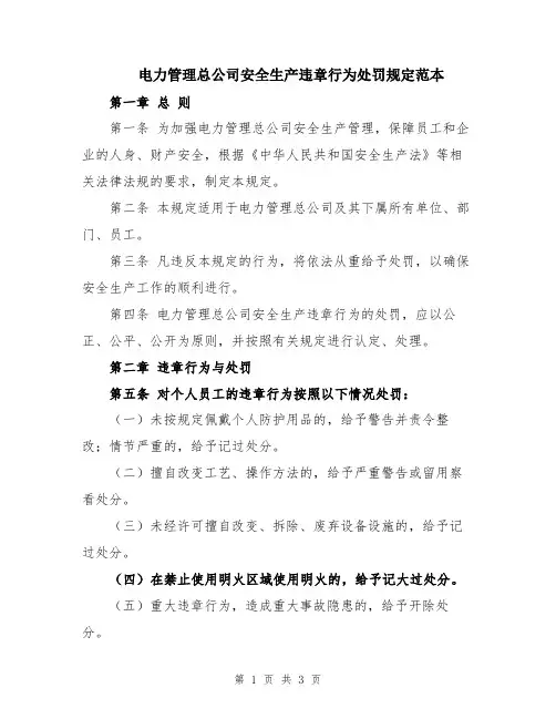 电力管理总公司安全生产违章行为处罚规定范本