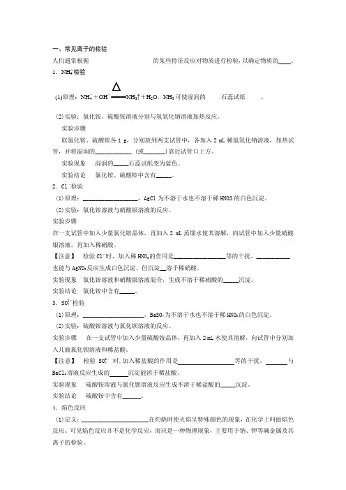 高一化学(必修一)常见物质的检验