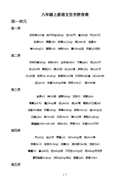 最新八年级上册语文生字拼音表