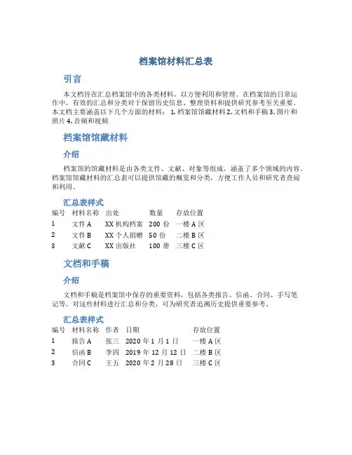 档案馆材料汇总表