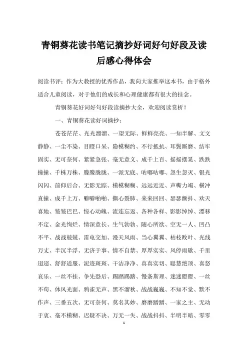 青铜葵花读书笔记摘抄好词好句好段及读后感心得体会