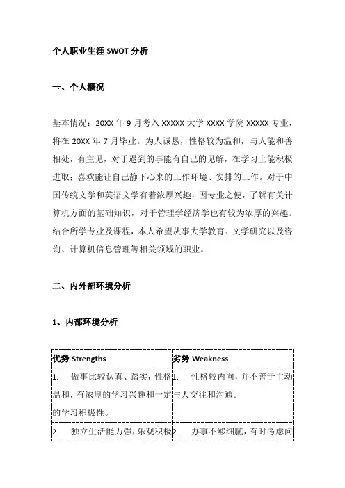 个人职业生涯SWOT分析