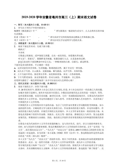 2019-2020学年安徽省亳州市高三(上)期末语文试卷(有答案解析)