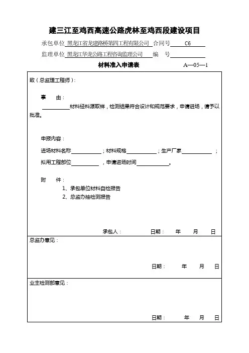 材料准入申请表(建鸡高速)