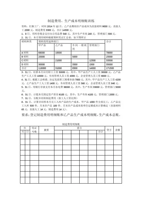 制造费用、生产成本明细账训练