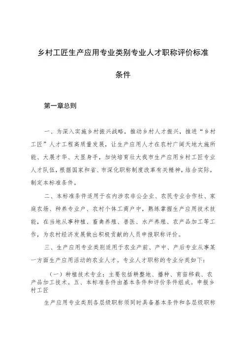 乡村工匠生产应用专业类别人才职称评价标准条件