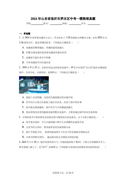 2024年山东省临沂市罗庄区中考一模物理真题