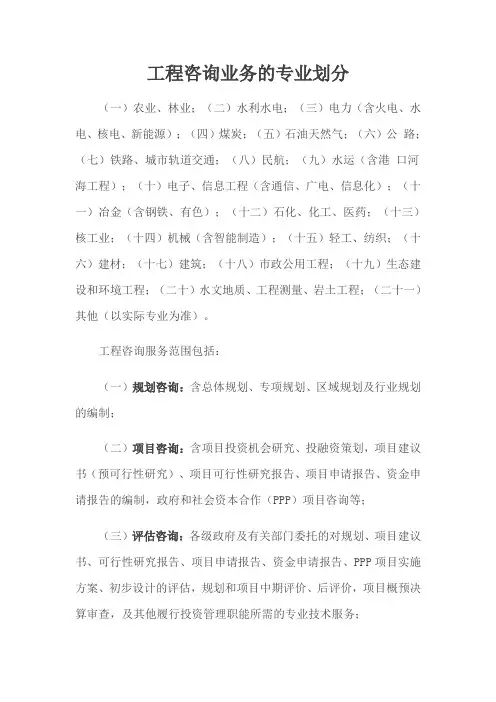工程咨询业务按照以下专业划分