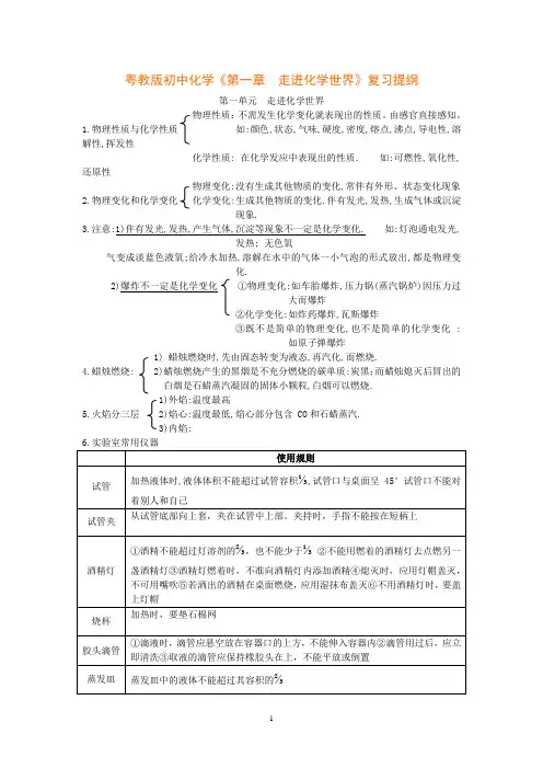 粤教版初中化学《第一章  走进化学世界》复习提纲