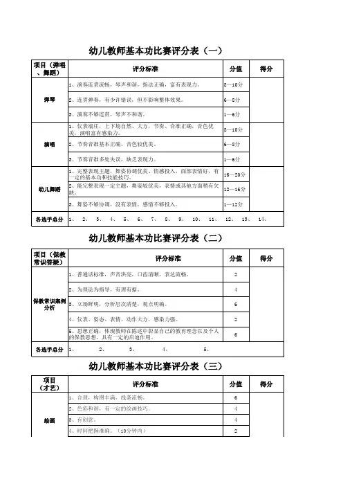 幼儿教师基本功比赛评分表