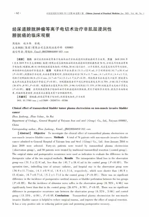 经尿道膀胱肿瘤等离子电切术治疗非肌层浸润性膀胱癌的临床观察