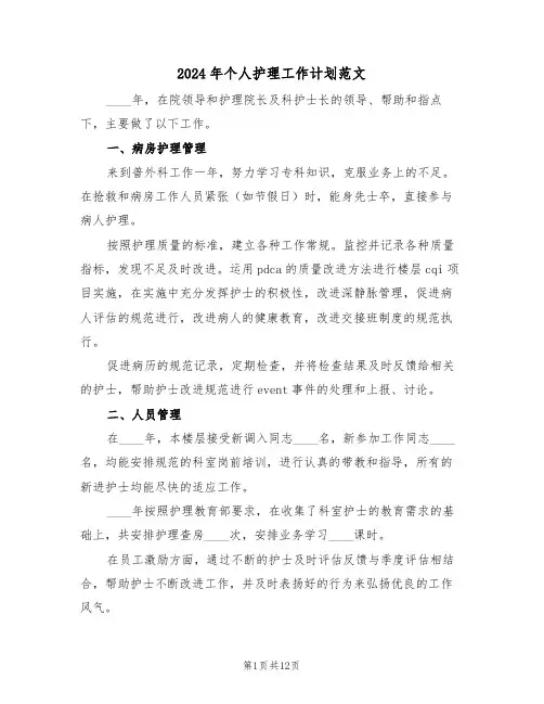 2024年个人护理工作计划范文(4篇)