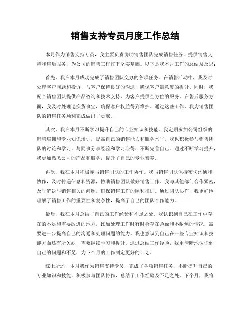销售支持专员月度工作总结