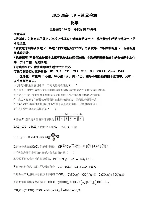 山西省部分学校2024-2025学年高三上学期9月月考化学试题(含解析)