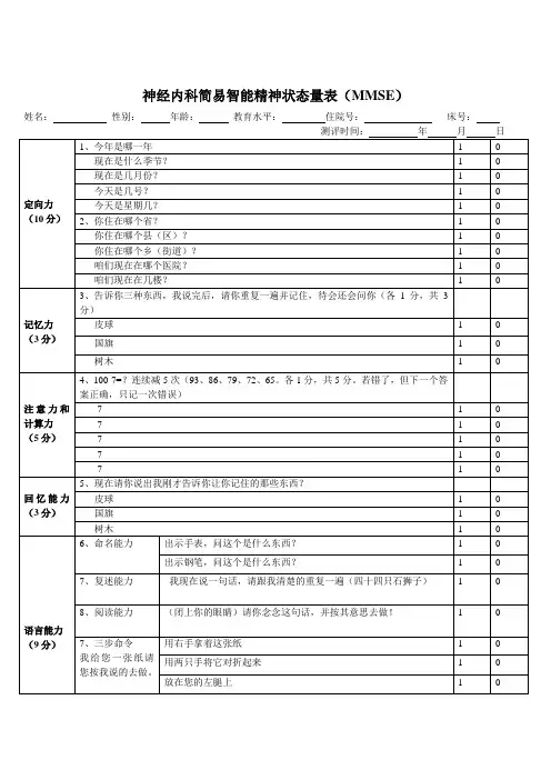 MMSE简易精神状态评价量表(带操作说明)