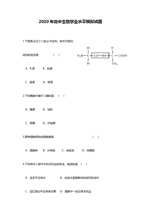 2020年高中生物学业水平合格考模拟题