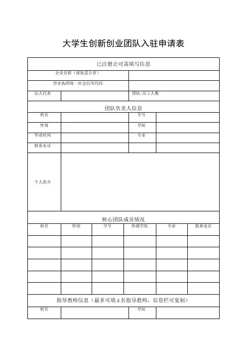 大学生创新创业团队入驻申请表