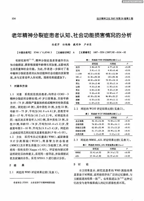老年精神分裂症患者认知、社会功能损害情况的分析
