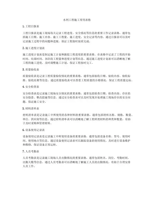 水利工程施工常用表格