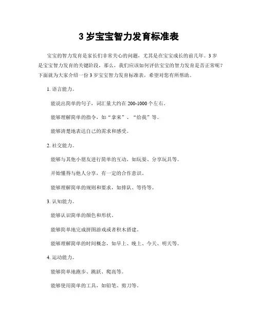 3岁宝宝智力发育标准表