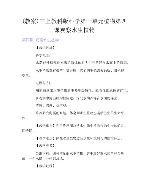 (教案)三上教科版科学第一单元植物第四课观察水生植物