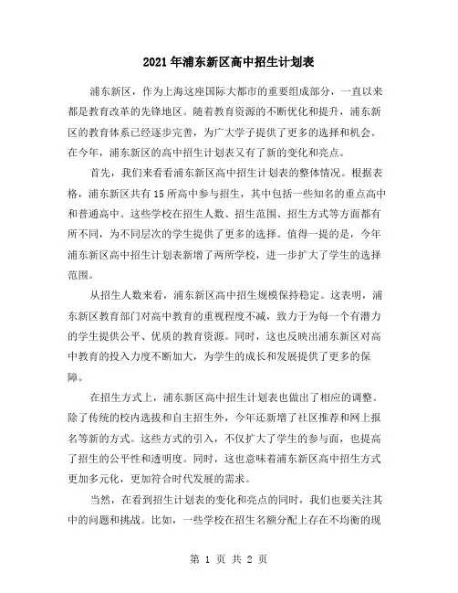 2021年浦东新区高中招生计划表