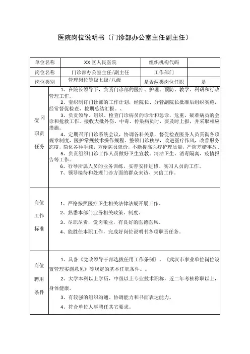 医院岗位说明书(门诊部办公室主任副主任)