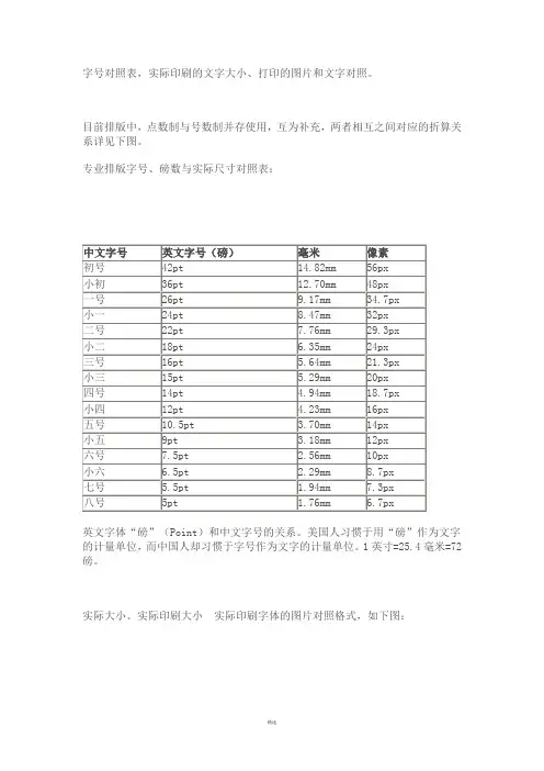字号对照表