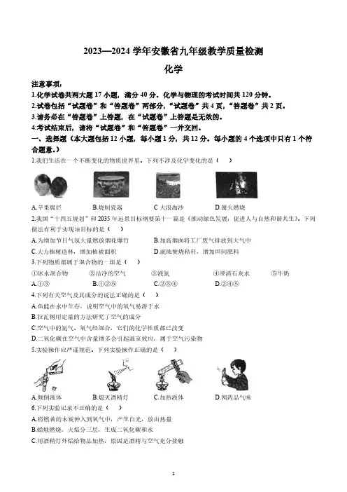 【9化第一次月考】合肥市第四十五中学2023-2024学年九年级上学期教学质量检测一化学试题
