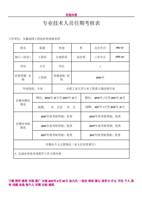 专业技术人员任期考核表(陈震)