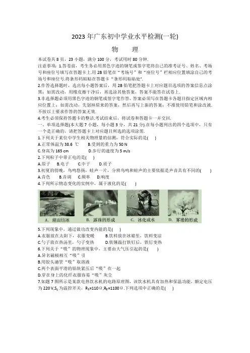 2023年广东初中学业水平检测卷(一轮)物理试卷(含答案)