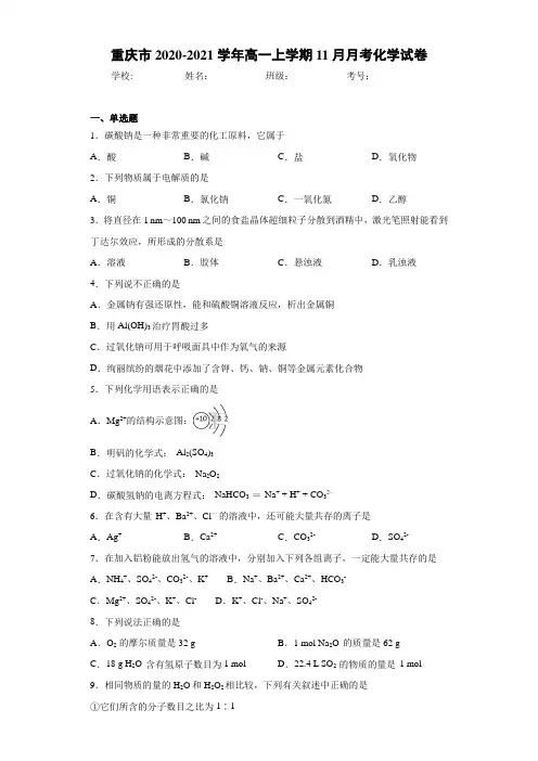 高一上学期11月月考化学试卷