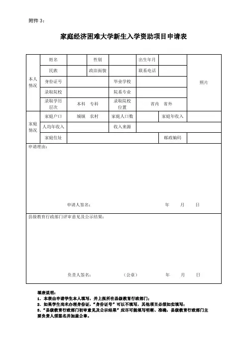 困难大学新生资助申请表