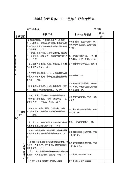 扬州市便民服务中心“星级”评定考评表