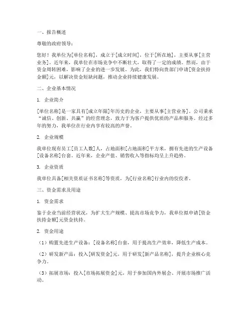 资金扶持申请报告