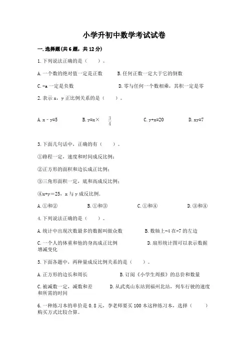 小学升初中数学考试试卷及完整答案(必刷)