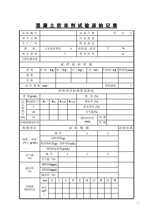 混凝土防冻剂试验原始记录