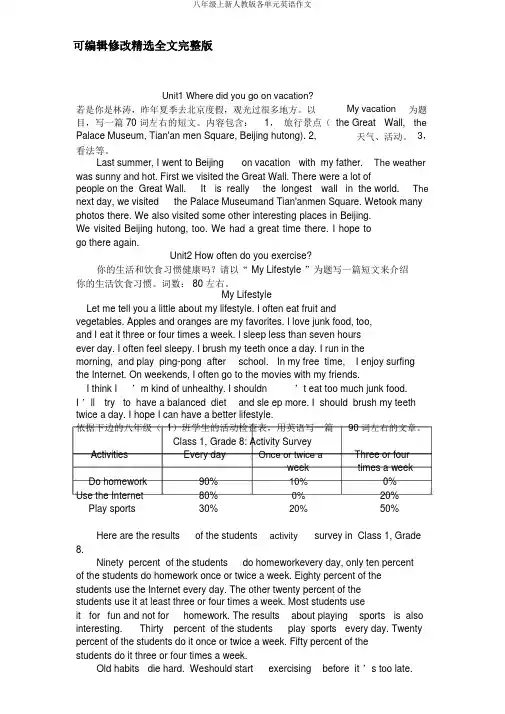 八年级上新人教版各单元英语作文精选全文