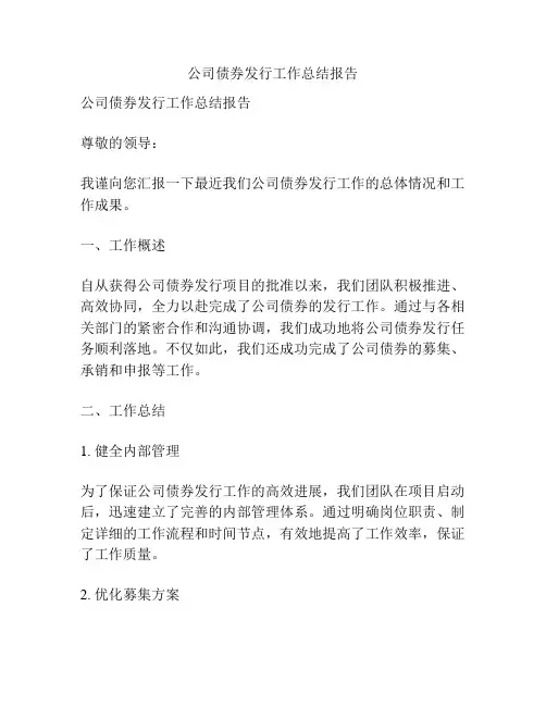 公司债券发行工作总结报告