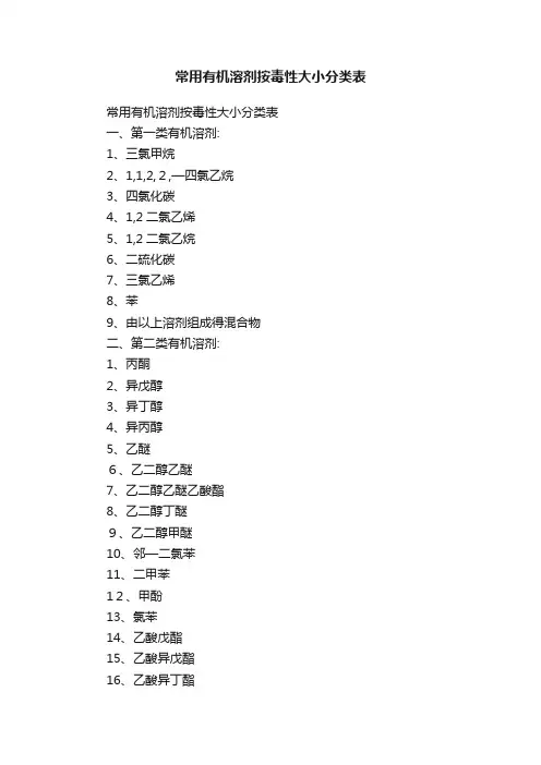 常用有机溶剂按毒性大小分类表