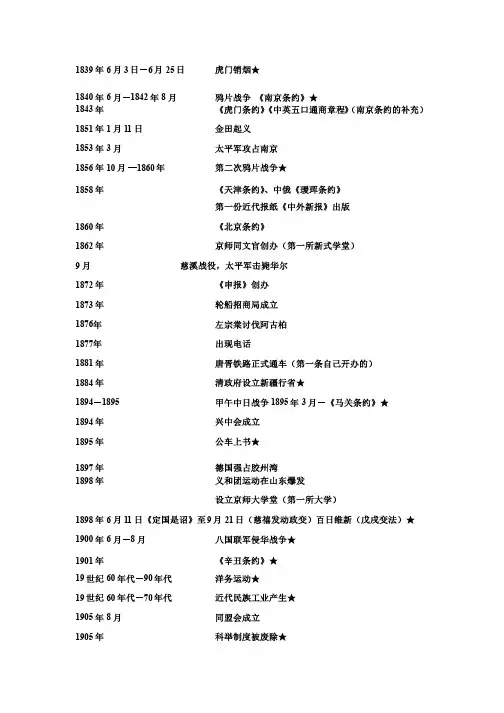 中国近代史大事年表（初二上学期专用）