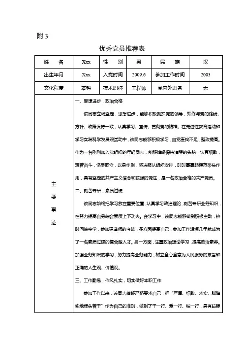 优秀党员表