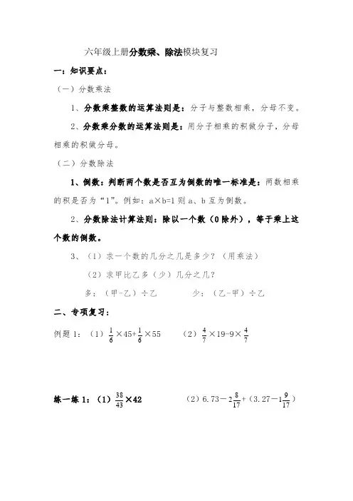 人教版小学数学六年级上册分数乘除法复习