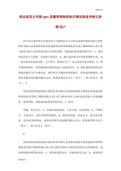药品批发公司新质量管理制度执行情况检查考核记录表全.doc