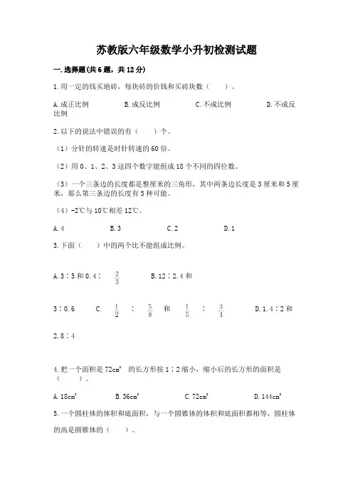 苏教版六年级数学小升初检测试题附参考答案(能力提升)