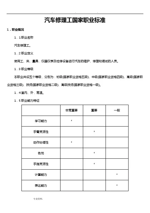 汽车修理工国家职业技能鉴定标准