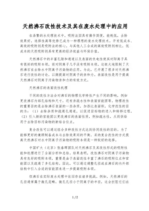 天然沸石改性技术及其在废水处理中的应用
