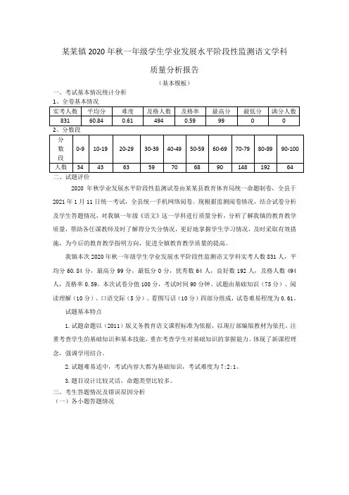 小学一年级语文学科学业水平监测质量分析报告