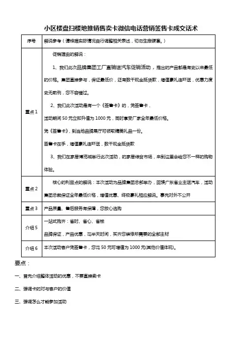 小区楼盘扫楼地推销售卖卡微信电话营销签售卡成交话术